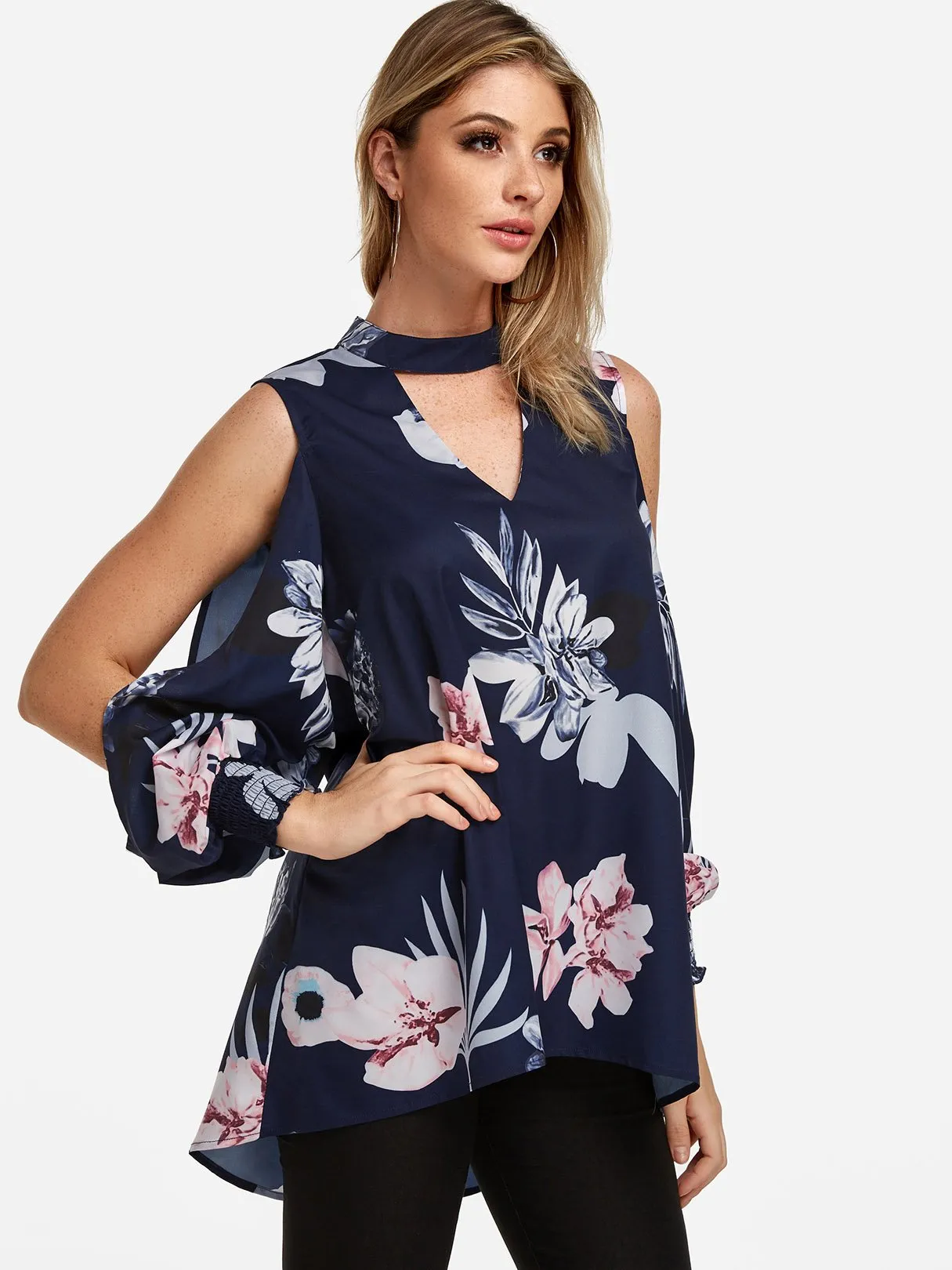 Custom Floral Print Cut Out Long Sleeve Irregular Hem Navy Blouses