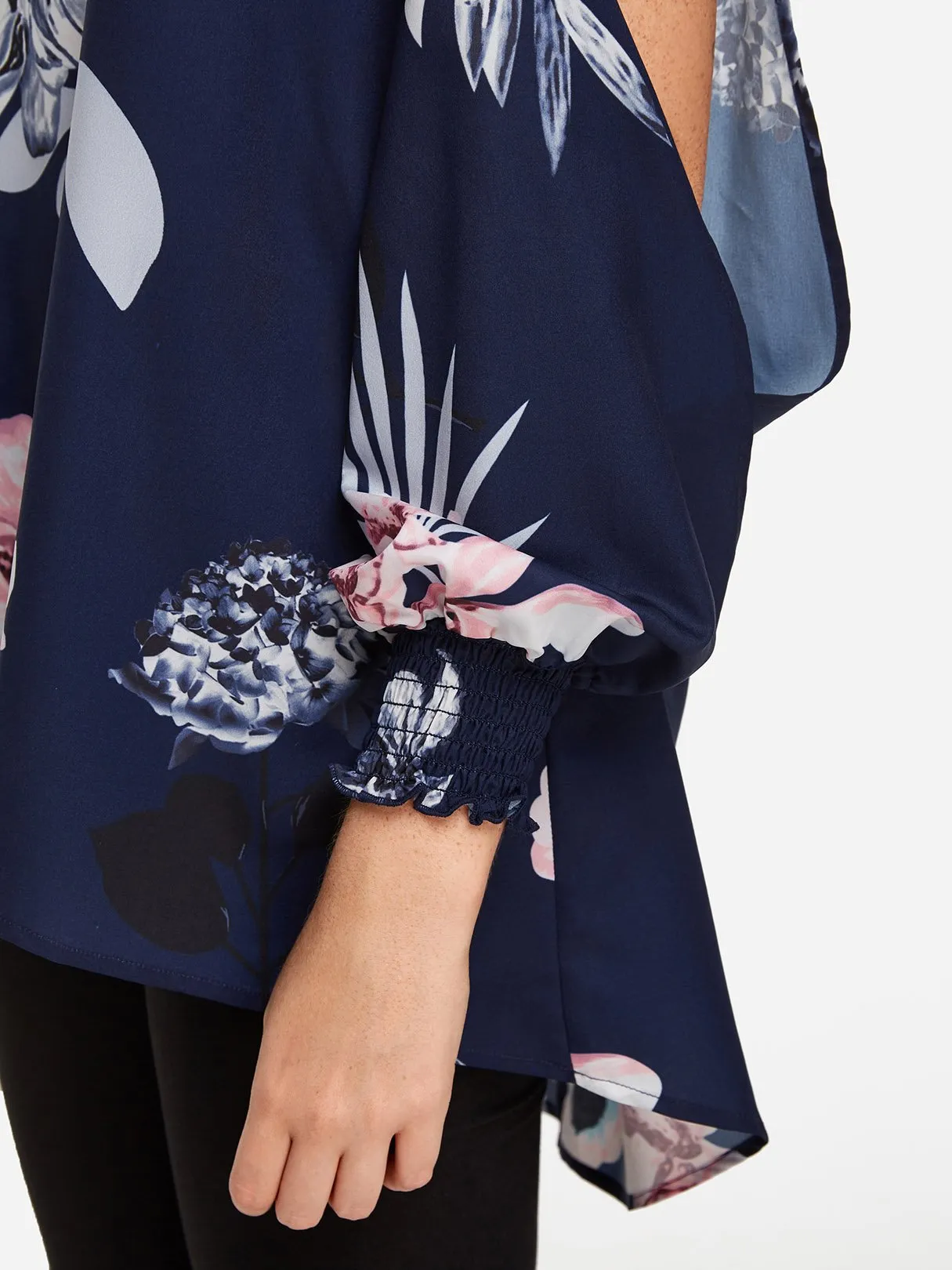 Custom Floral Print Cut Out Long Sleeve Irregular Hem Navy Blouses