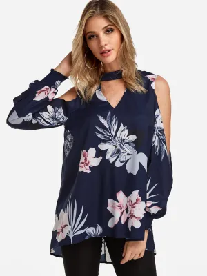 Custom Floral Print Cut Out Long Sleeve Irregular Hem Navy Blouses