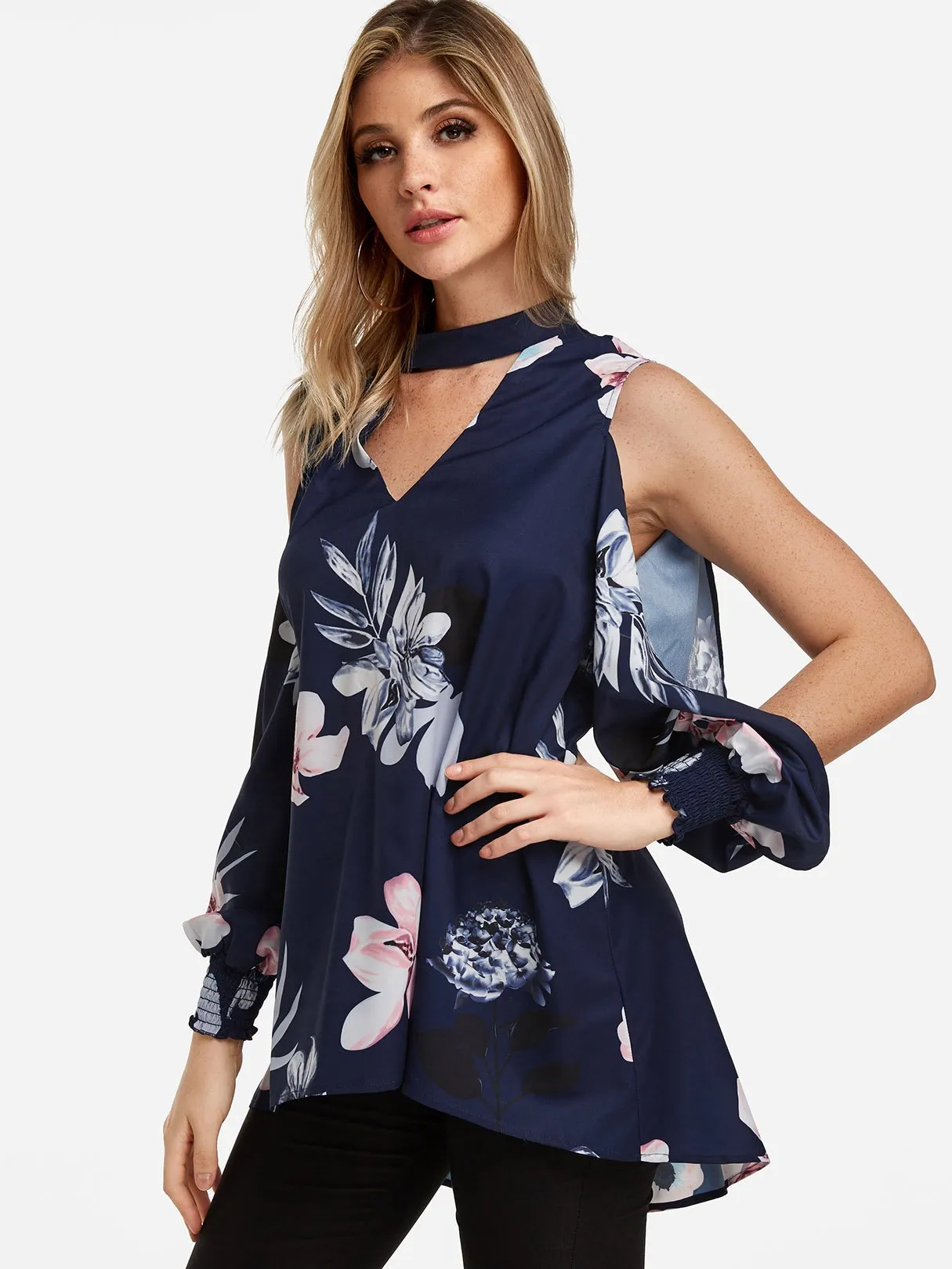 Custom Floral Print Cut Out Long Sleeve Irregular Hem Navy Blouses