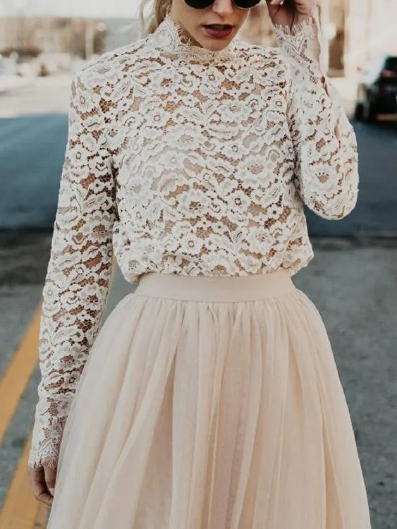 Custom Lace Long Sleeve Apricot Blouses