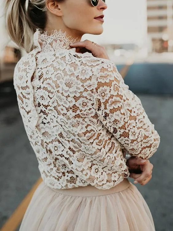 Custom Lace Long Sleeve Apricot Blouses