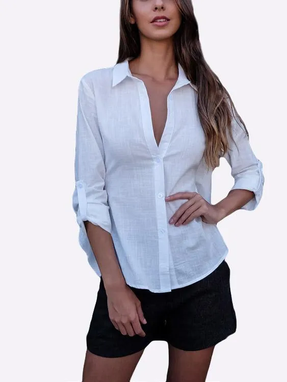 Custom Plain Long Sleeve Irregular Hem White Blouses