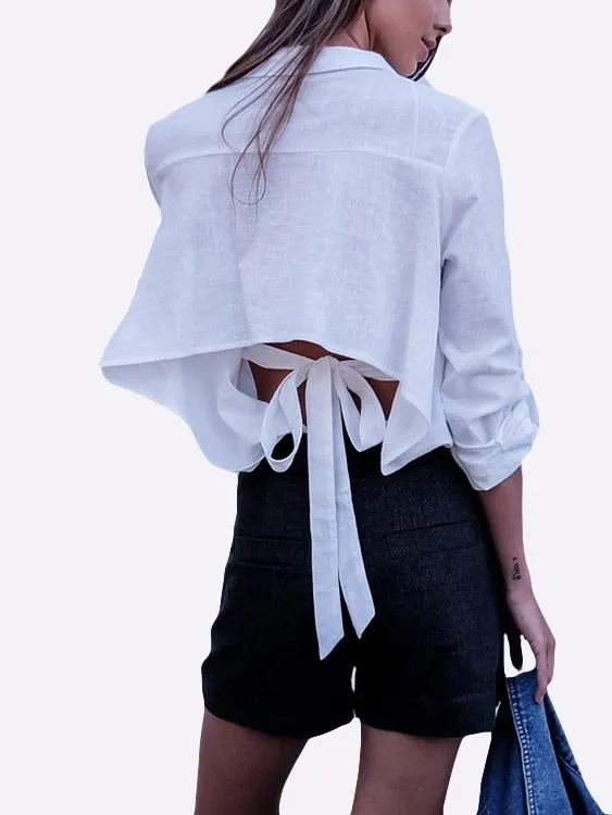 Custom Plain Long Sleeve Irregular Hem White Blouses