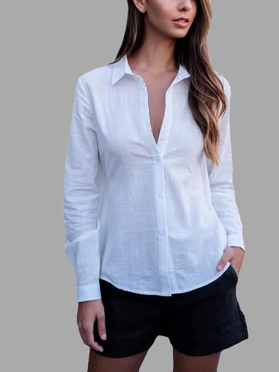 Custom Plain Long Sleeve Irregular Hem White Blouses