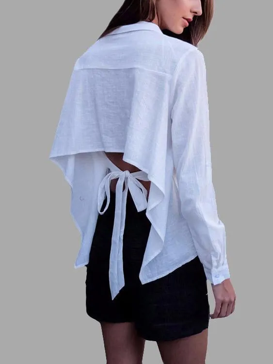 Custom Plain Long Sleeve Irregular Hem White Blouses