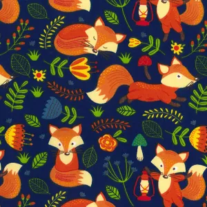 Cute  fox design polycotton fabric, navy blue, 112cm wide sold per half metre
