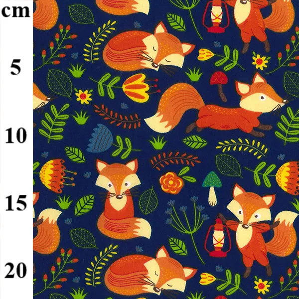 Cute  fox design polycotton fabric, navy blue, 112cm wide sold per half metre