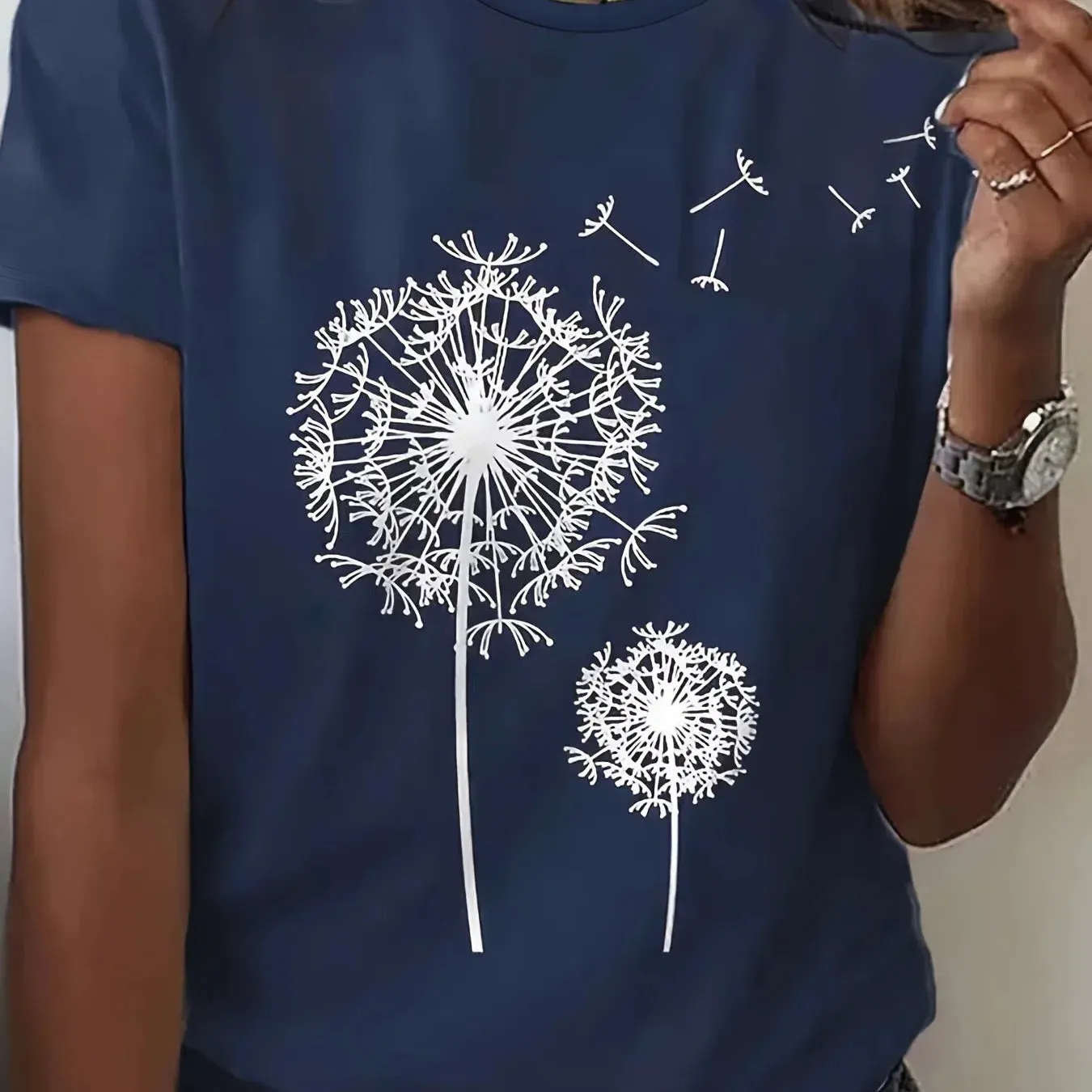 Dandelion Floral Crew Neck Tee - Casual Short Sleeve Top for Effortless Spring & Summer Style, Perfect for Women