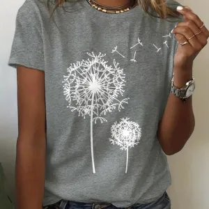 Dandelion Floral Crew Neck Tee - Casual Short Sleeve Top for Effortless Spring & Summer Style, Perfect for Women