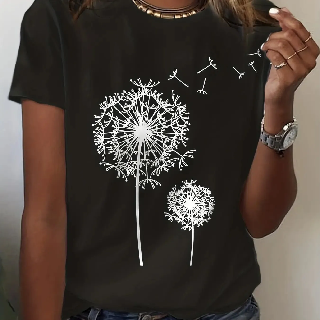 Dandelion Floral Crew Neck Tee - Casual Short Sleeve Top for Effortless Spring & Summer Style, Perfect for Women