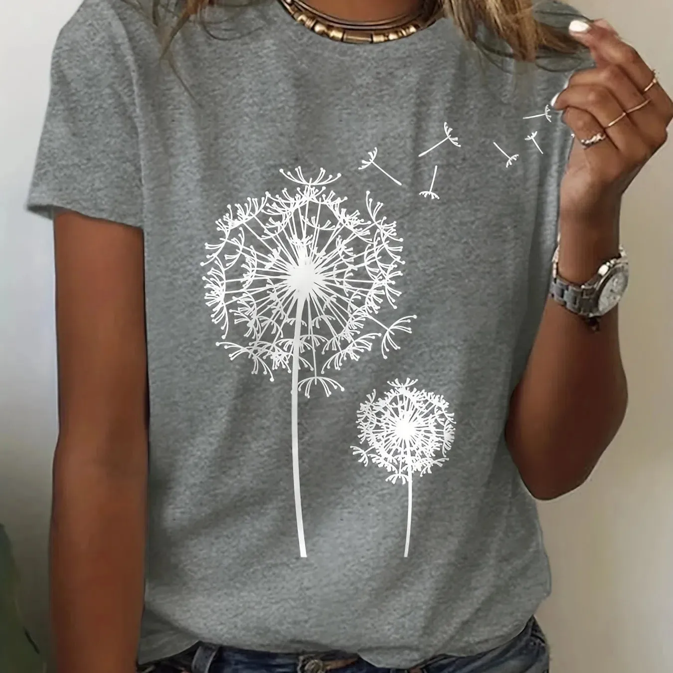 Dandelion Floral Crew Neck Tee - Casual Short Sleeve Top for Effortless Spring & Summer Style, Perfect for Women