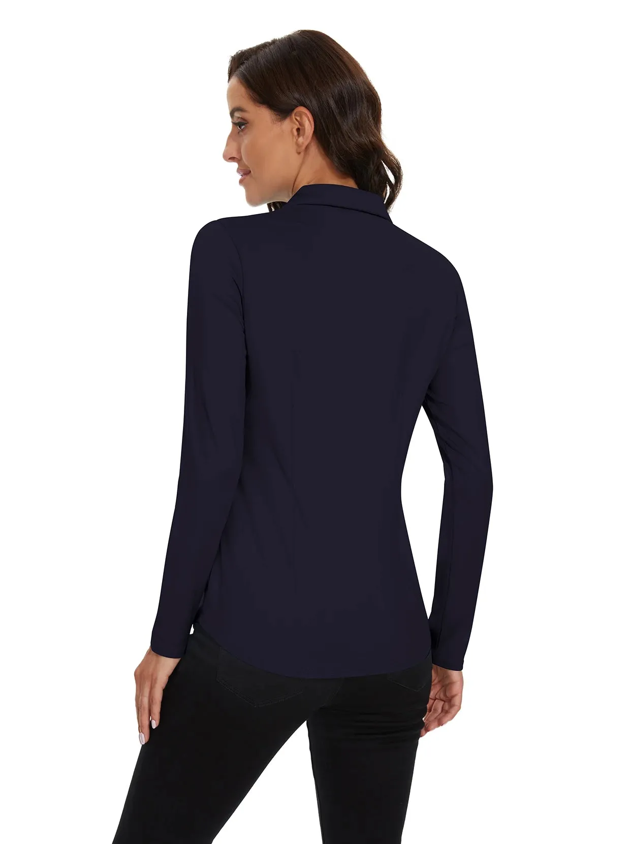 Dark Blue Button-down Long-sleeve Polo Shirt for Women