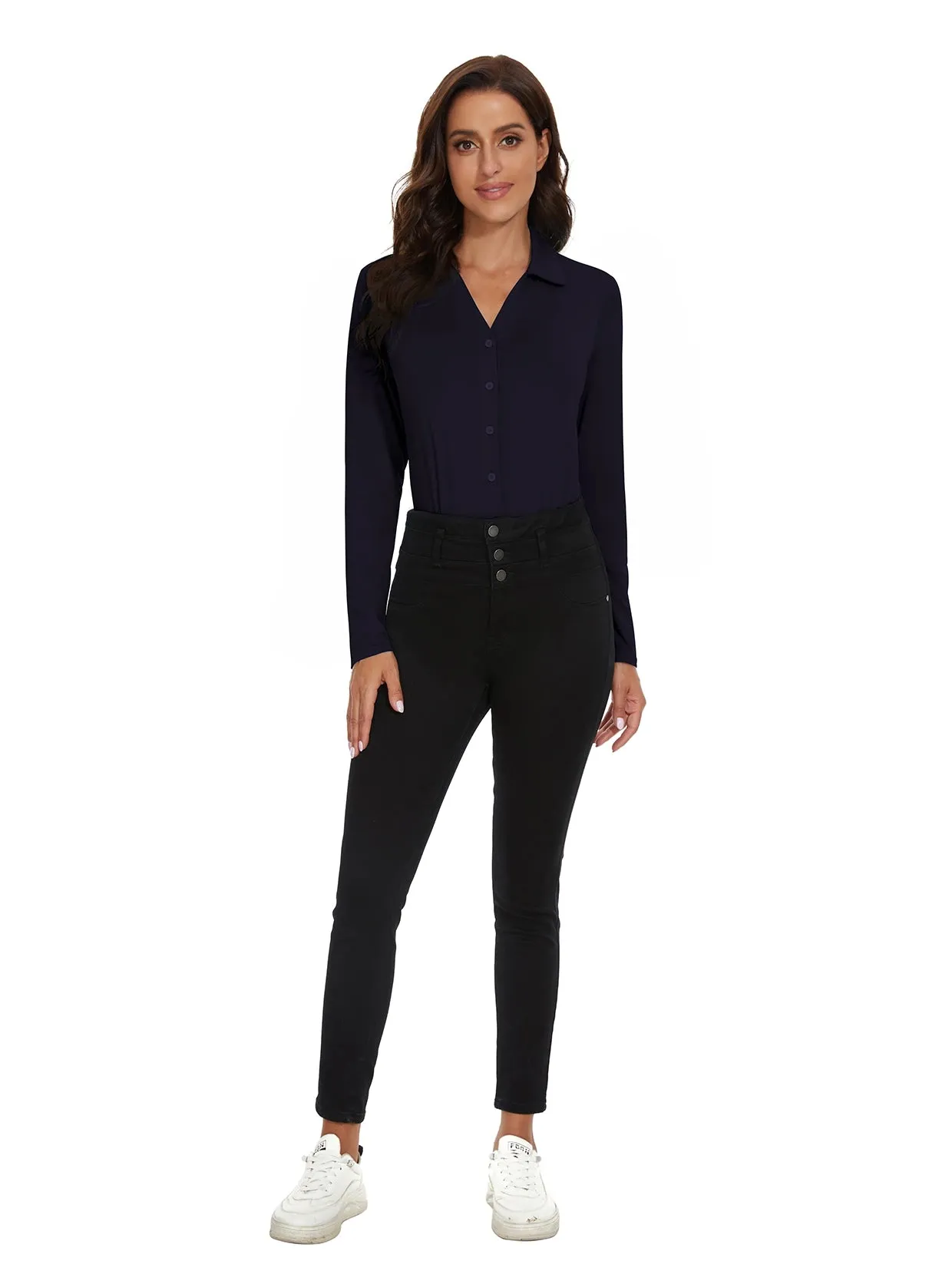 Dark Blue Button-down Long-sleeve Polo Shirt for Women