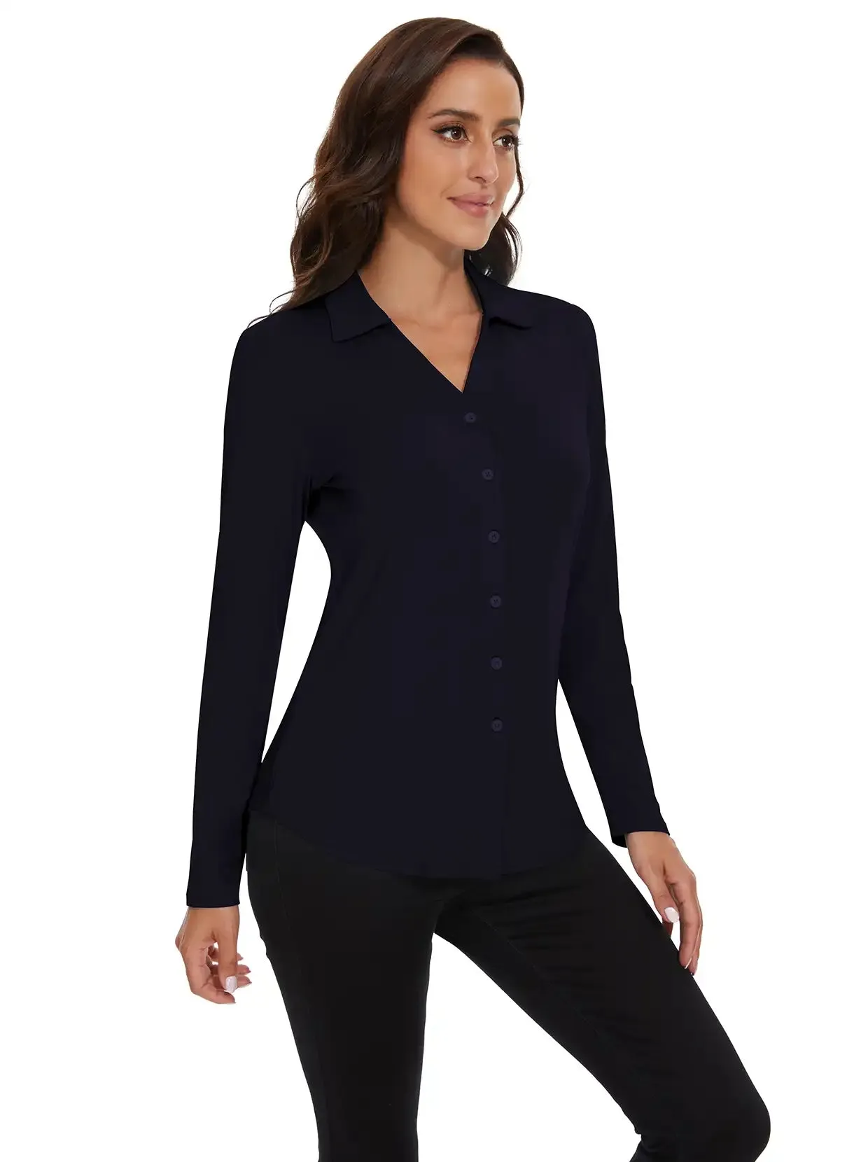 Dark Blue Button-down Long-sleeve Polo Shirt for Women