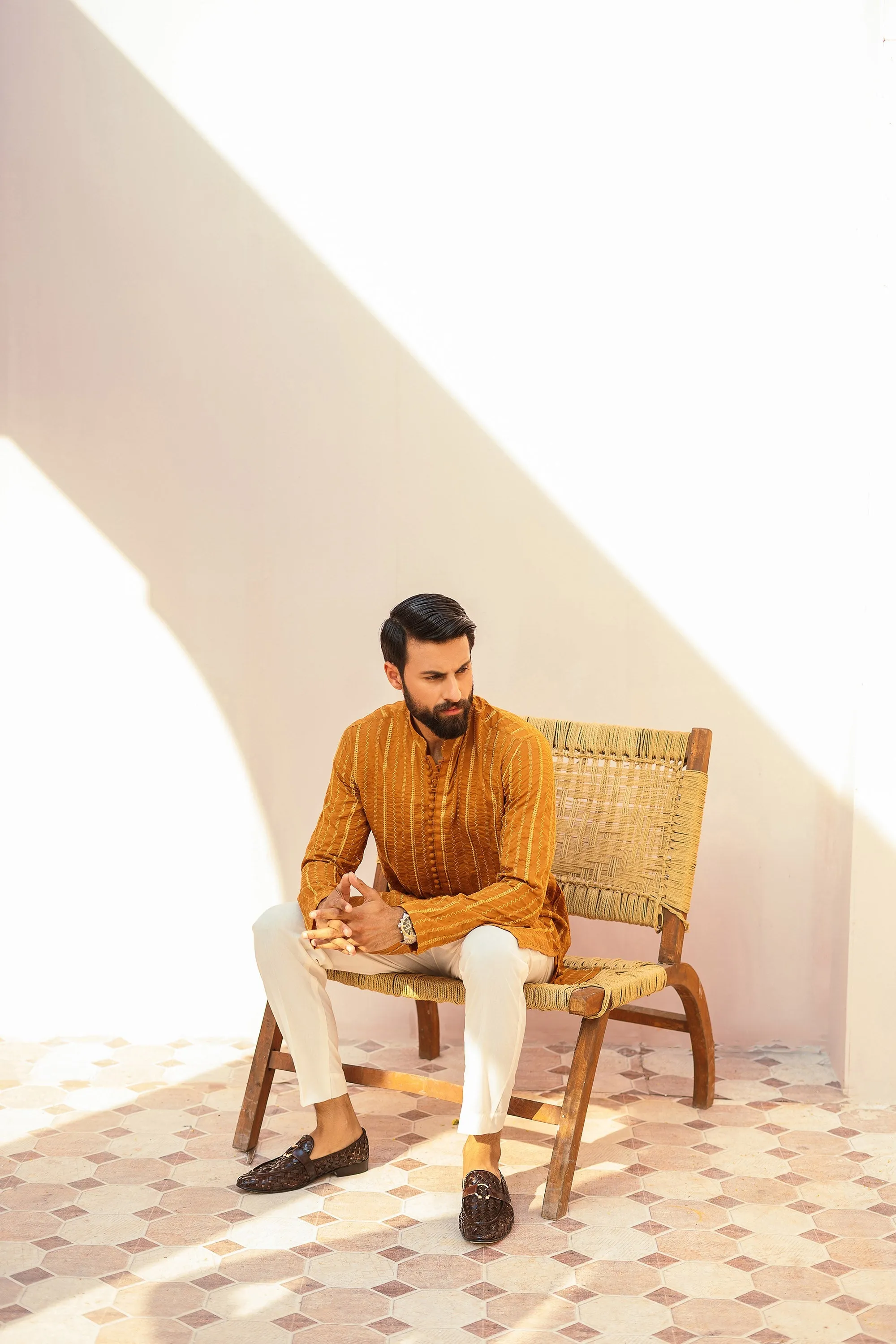 Desert Orange Embroidered Lines Kurta