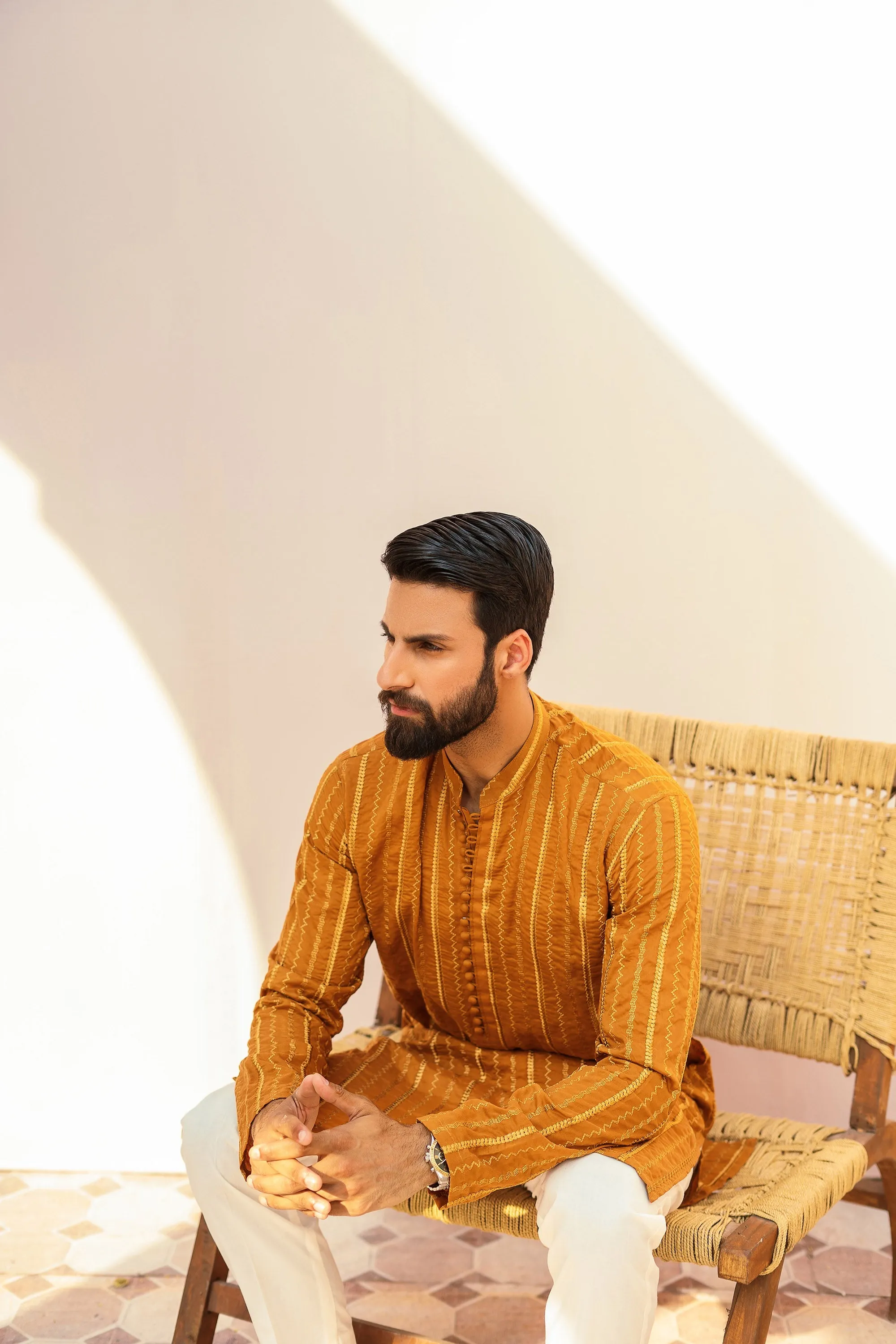 Desert Orange Embroidered Lines Kurta
