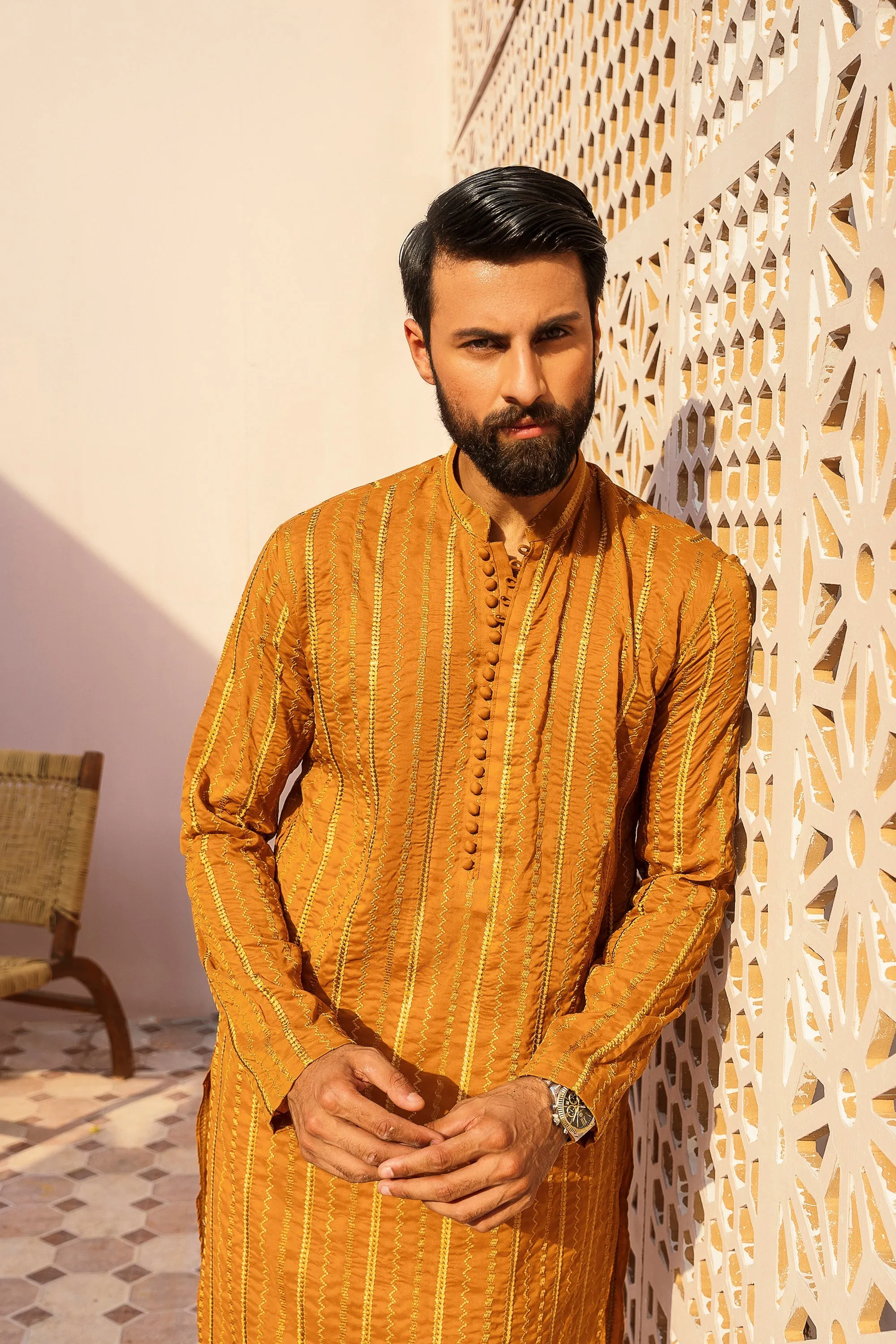 Desert Orange Embroidered Lines Kurta