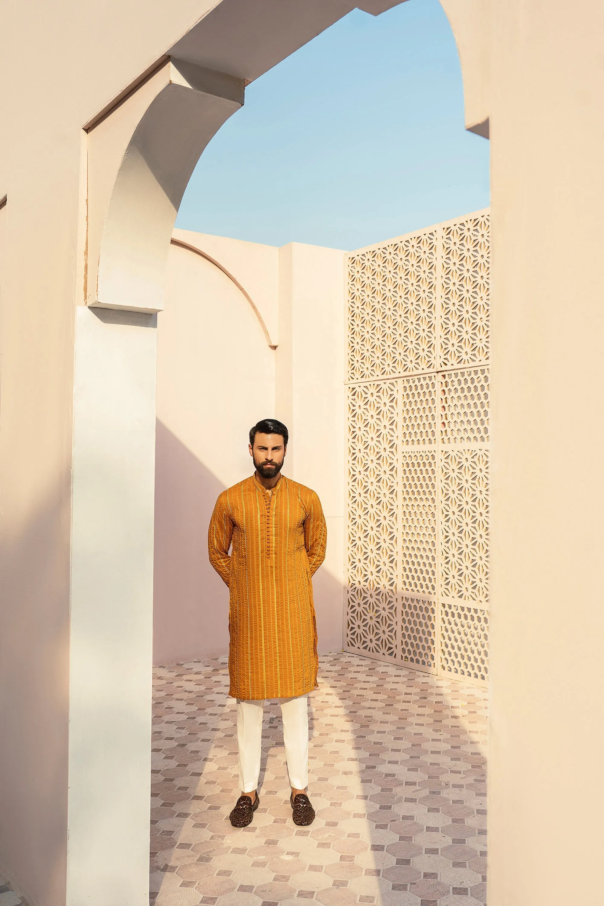 Desert Orange Embroidered Lines Kurta