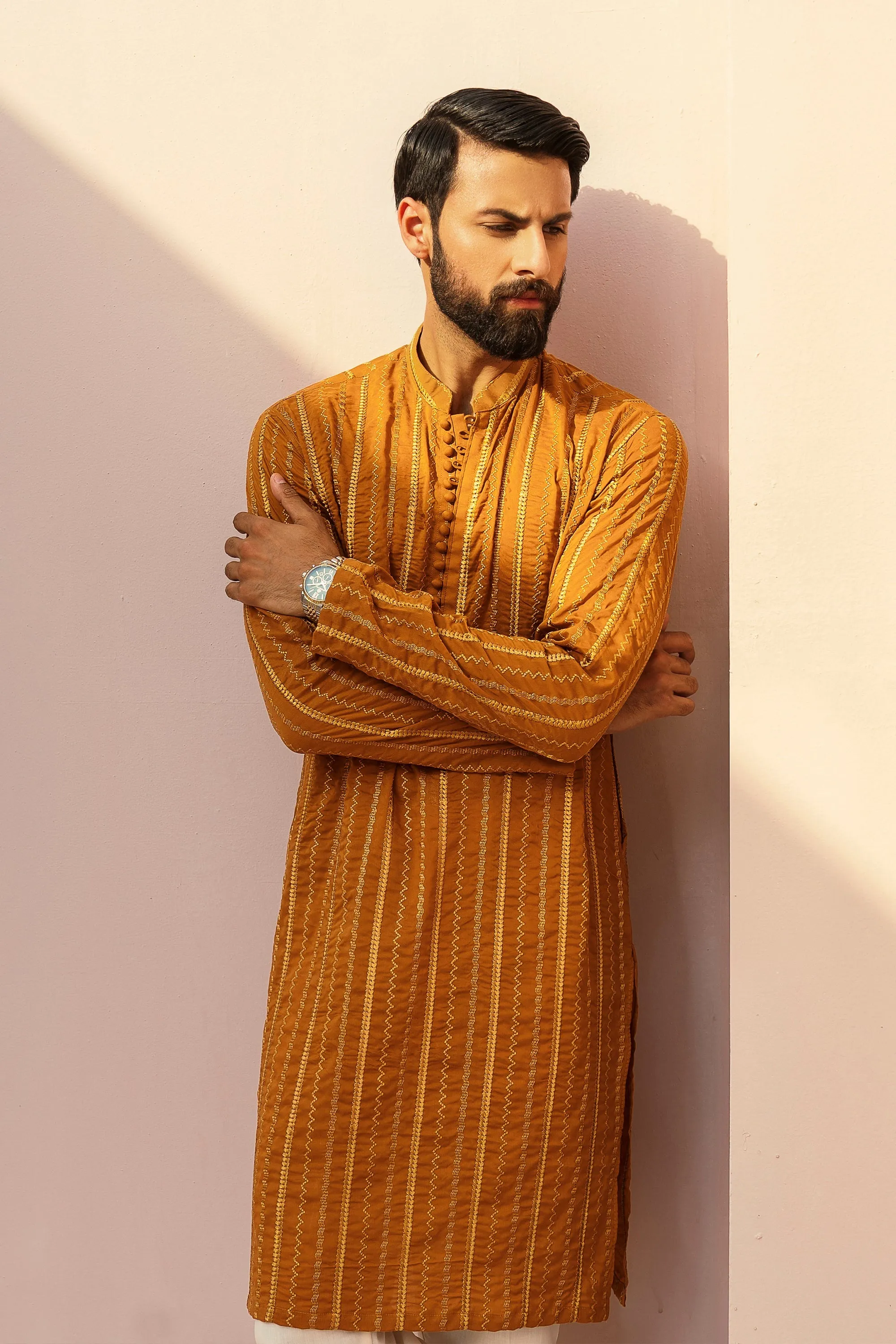 Desert Orange Embroidered Lines Kurta