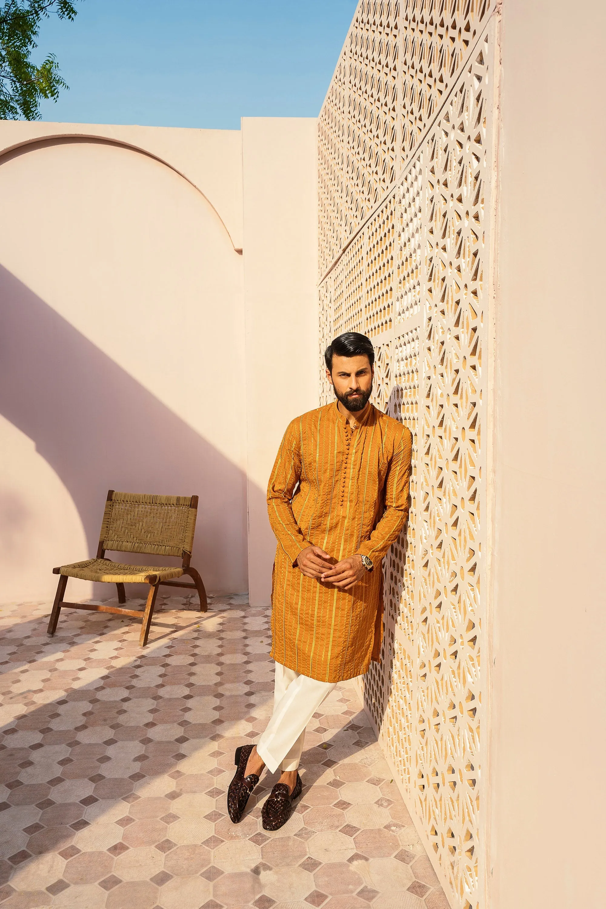 Desert Orange Embroidered Lines Kurta