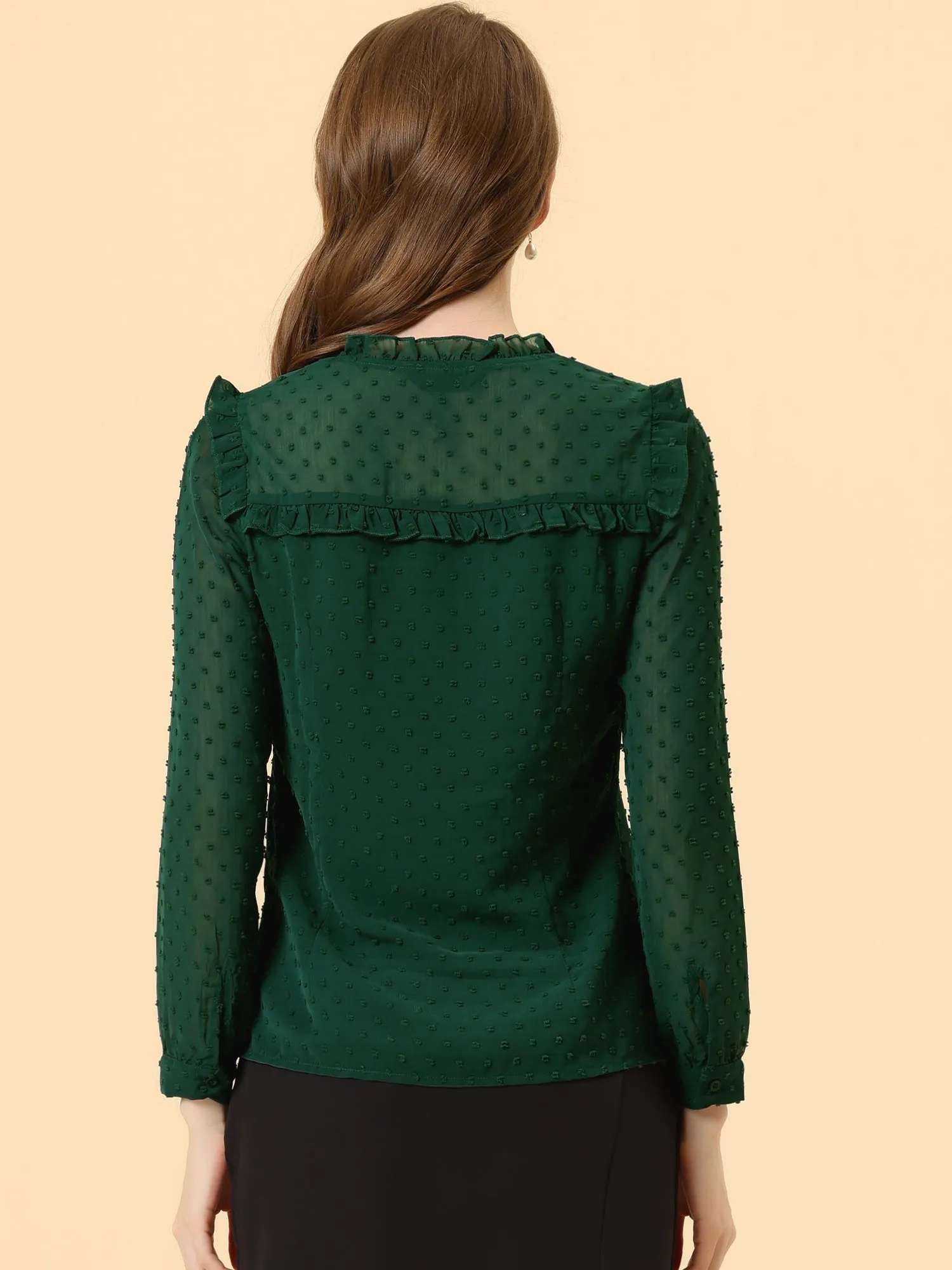 Elegant Swiss Dot Chiffon Long Sleeve Ruffled Work Office Blouse