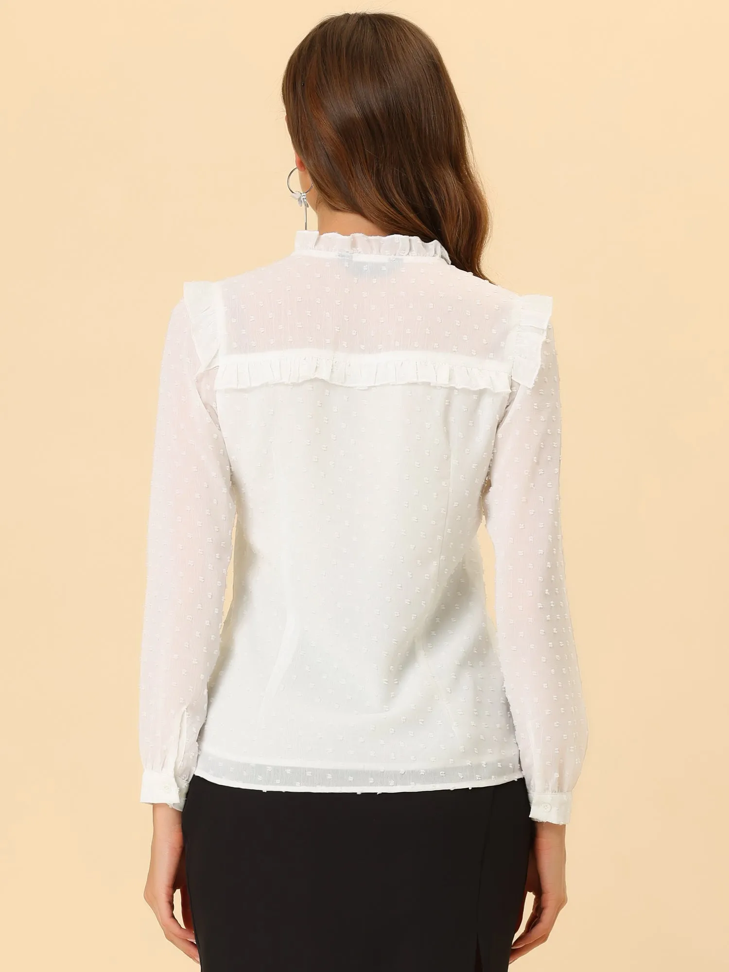 Elegant Swiss Dot Chiffon Long Sleeve Ruffled Work Office Blouse