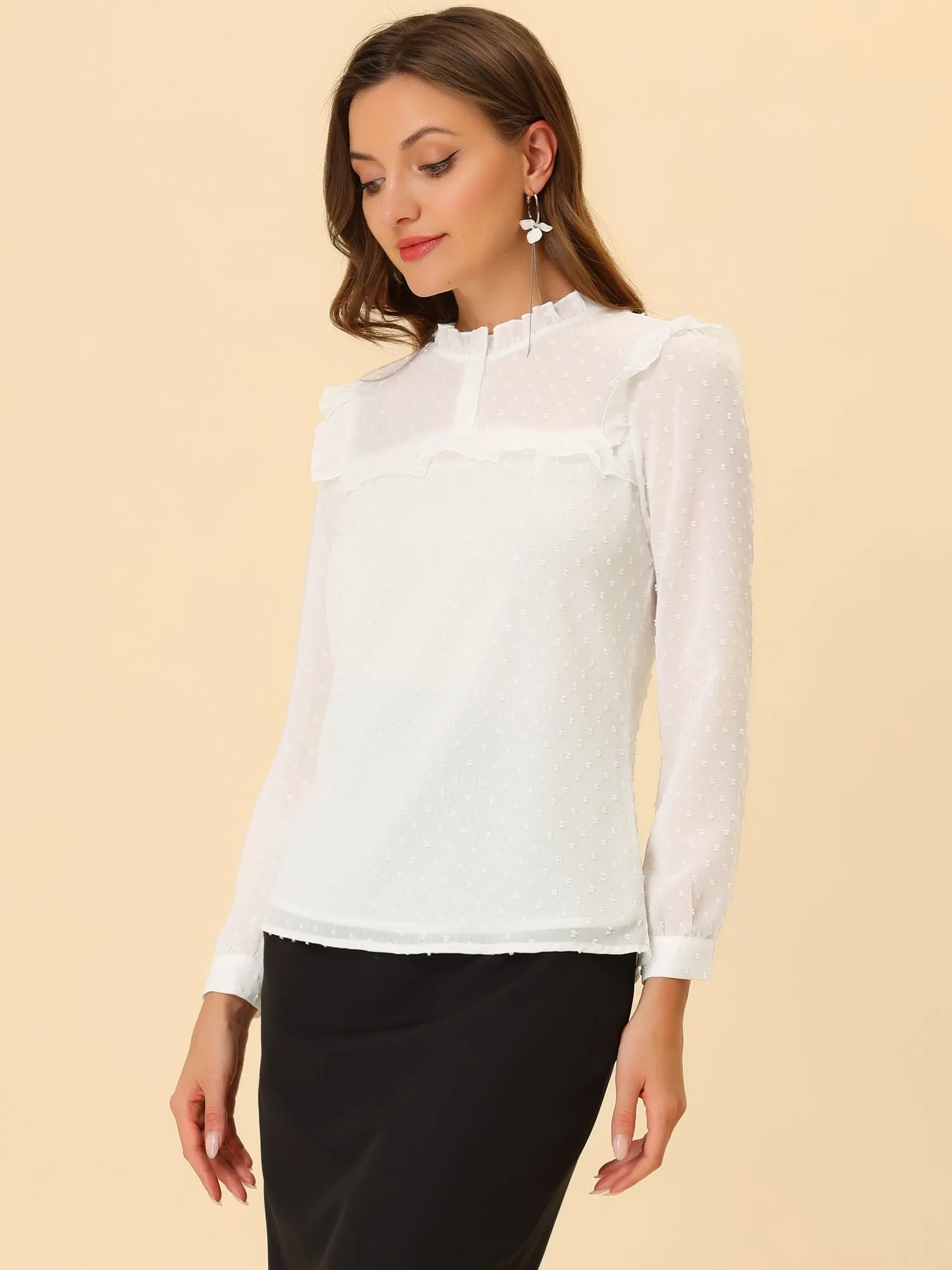 Elegant Swiss Dot Chiffon Long Sleeve Ruffled Work Office Blouse