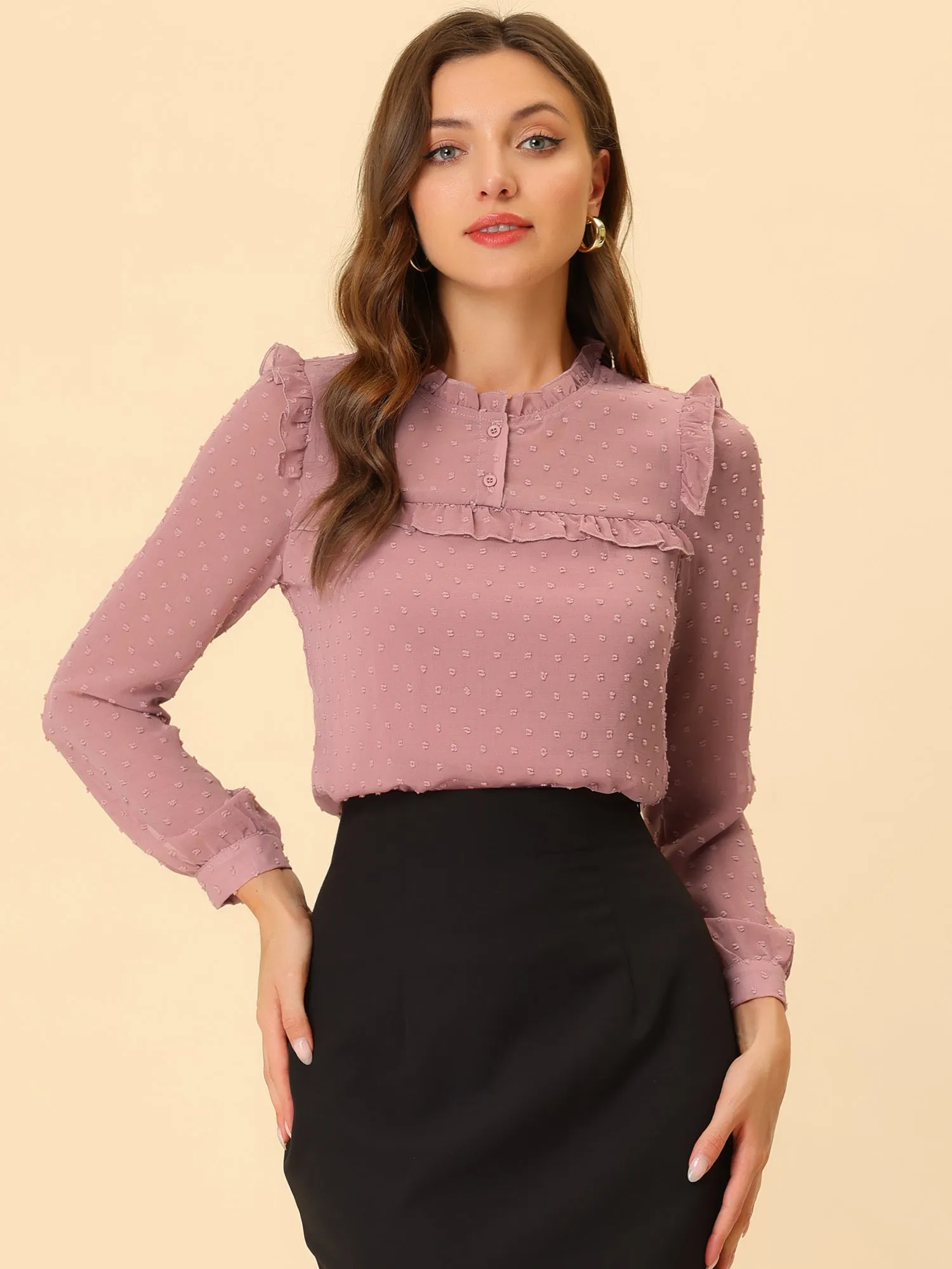 Elegant Swiss Dot Chiffon Long Sleeve Ruffled Work Office Blouse