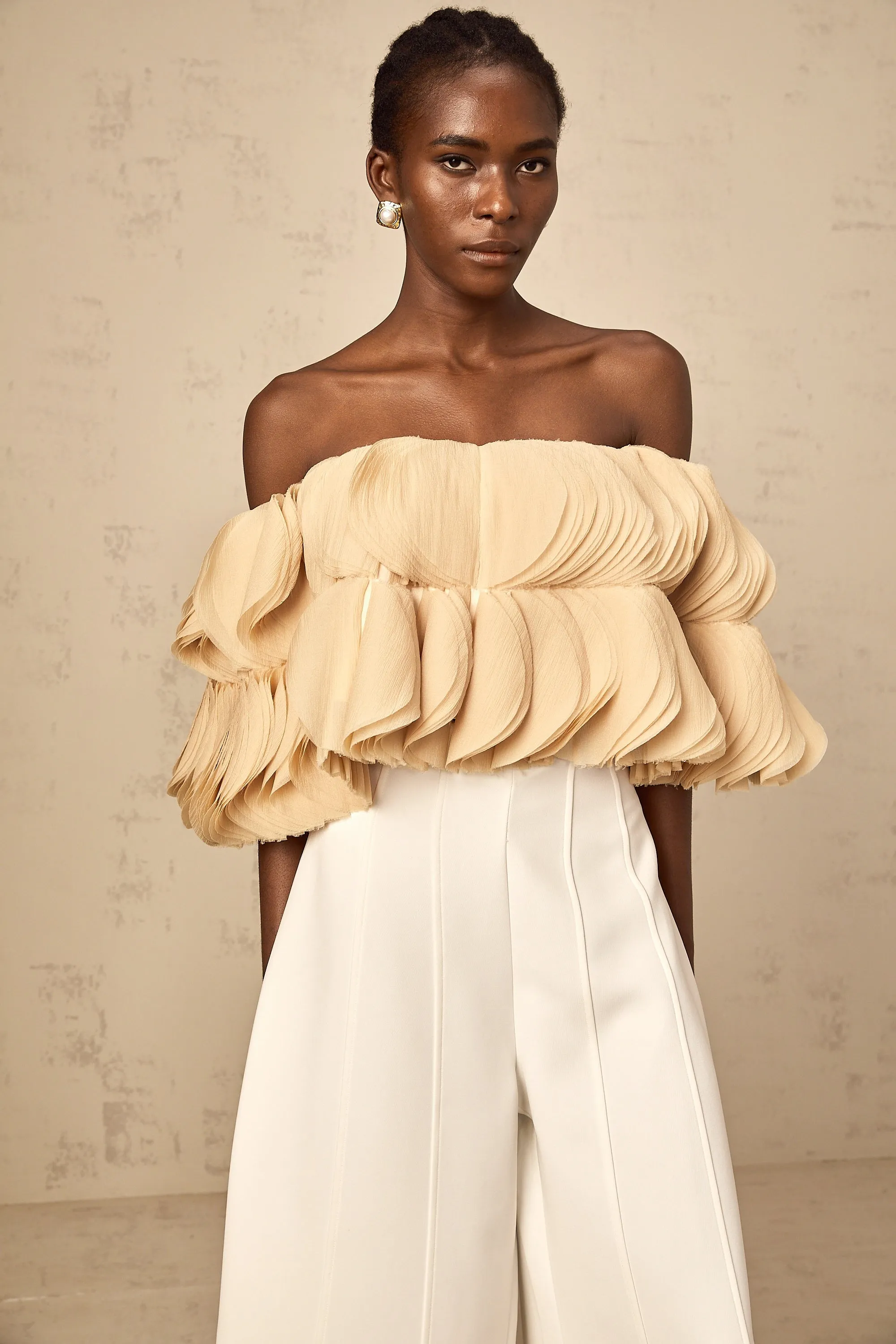 Elise neutrals off-shoulder shirred cropped top