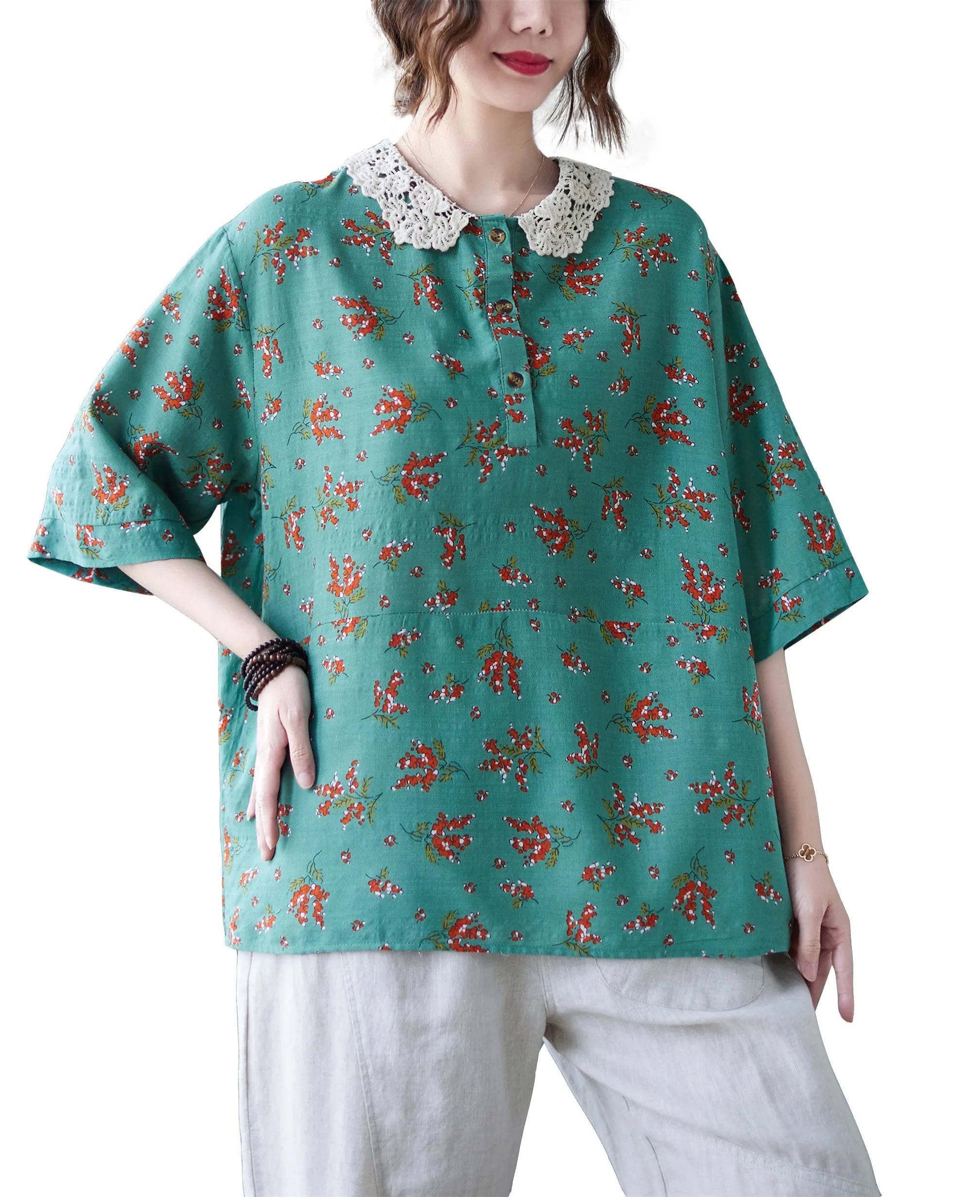 ellazhu Women Short Sleeves Tops Floral Print T-Shirt Blouse GA2564