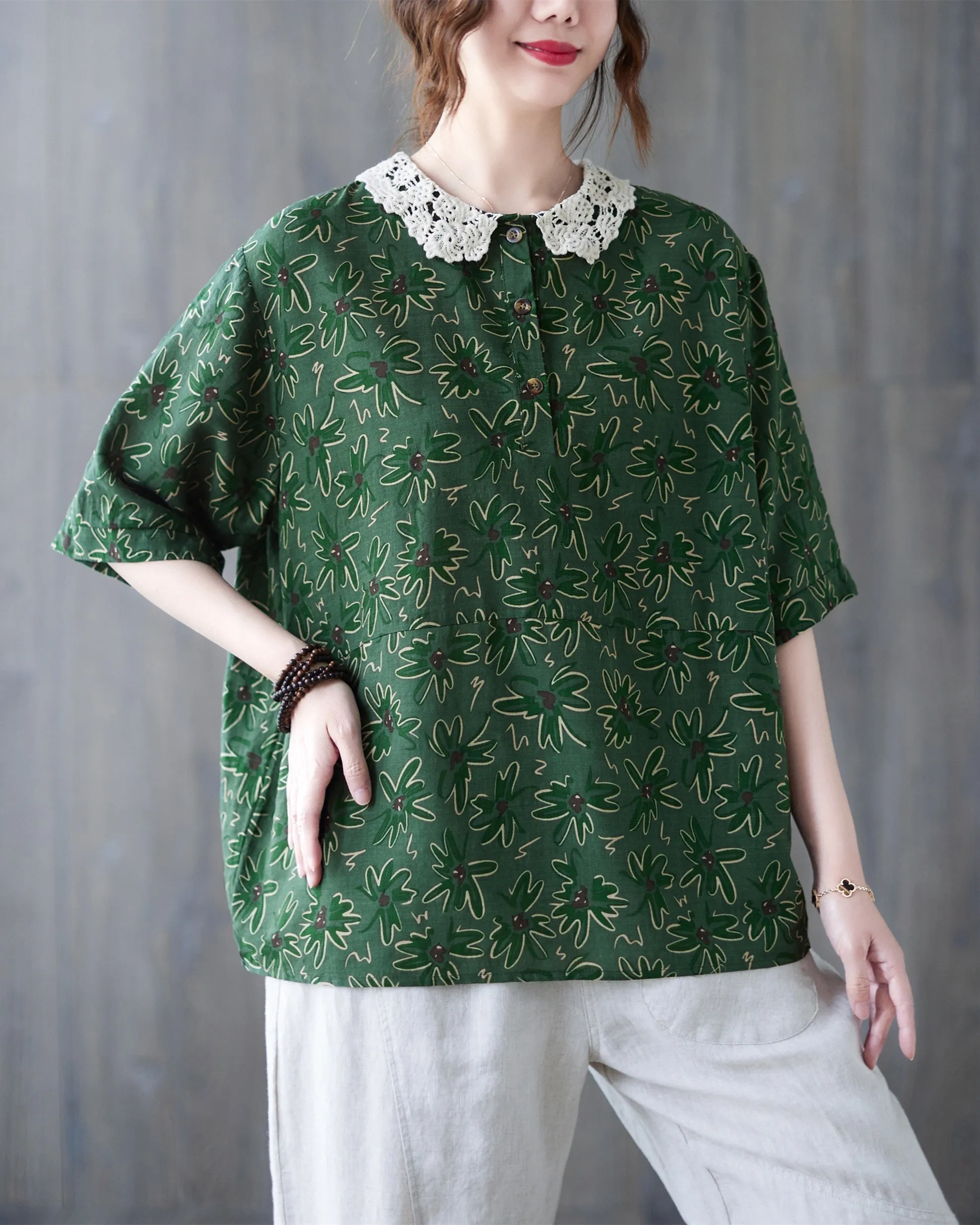 ellazhu Women Short Sleeves Tops Floral Print T-Shirt Blouse GA2564