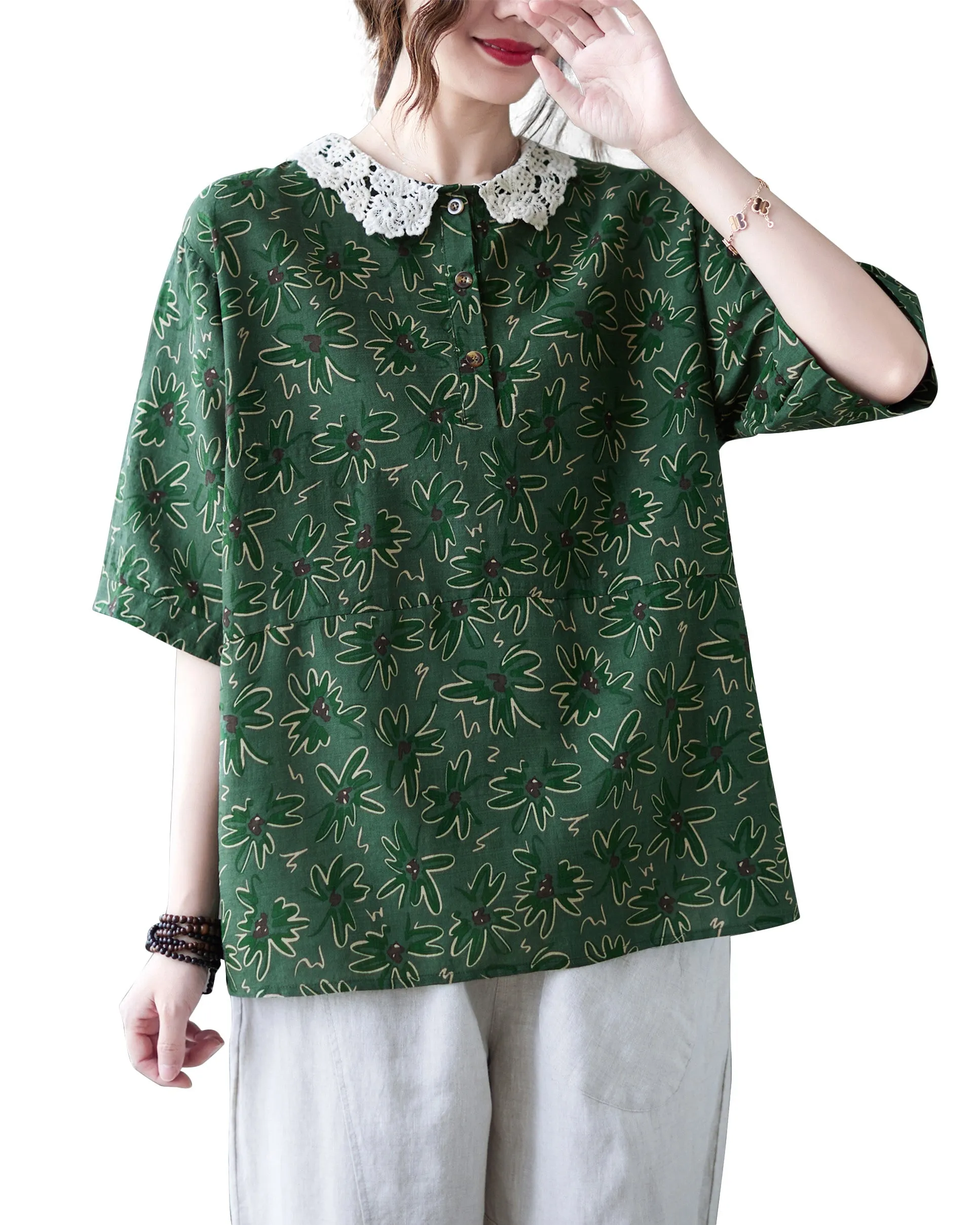 ellazhu Women Short Sleeves Tops Floral Print T-Shirt Blouse GA2564