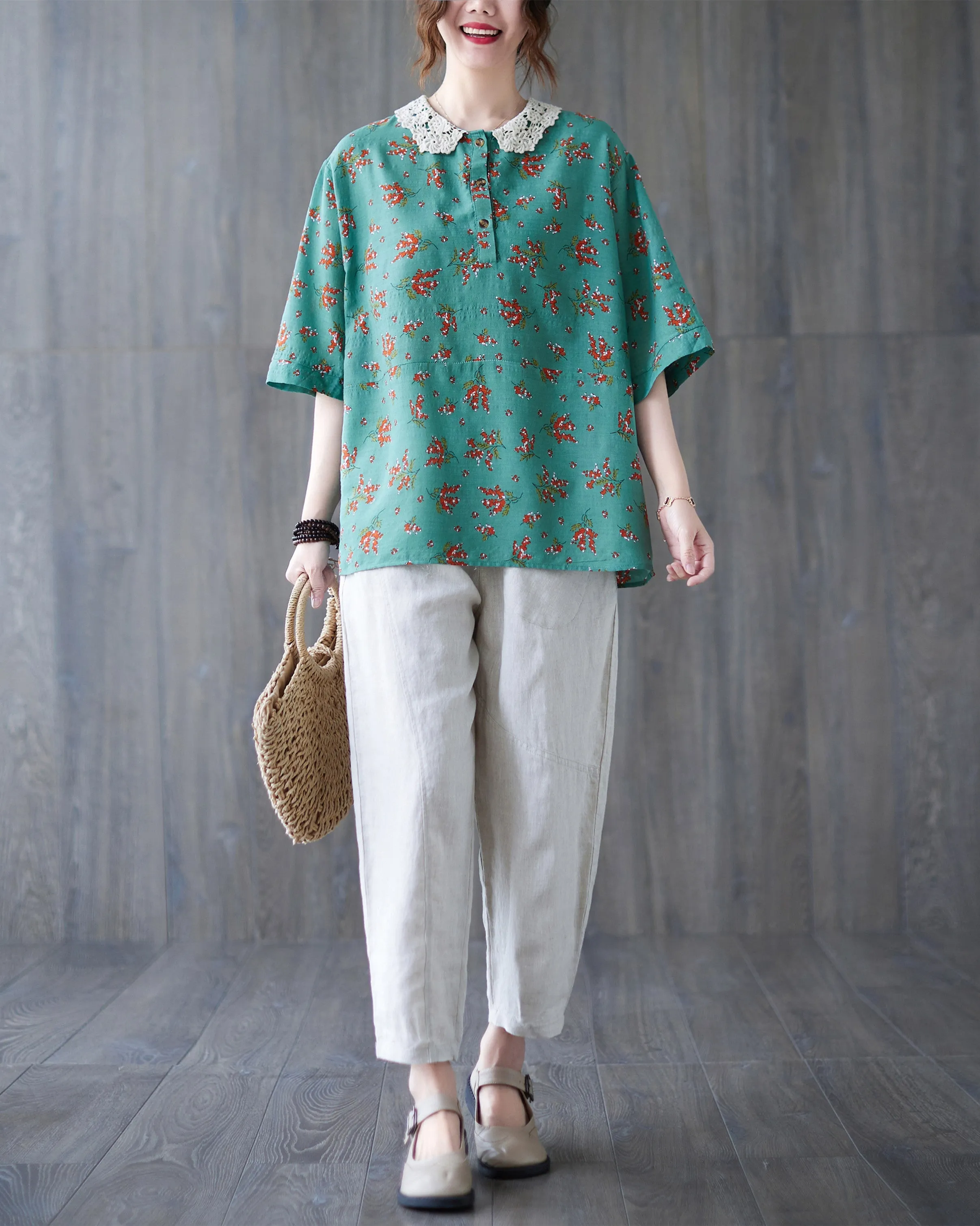 ellazhu Women Short Sleeves Tops Floral Print T-Shirt Blouse GA2564