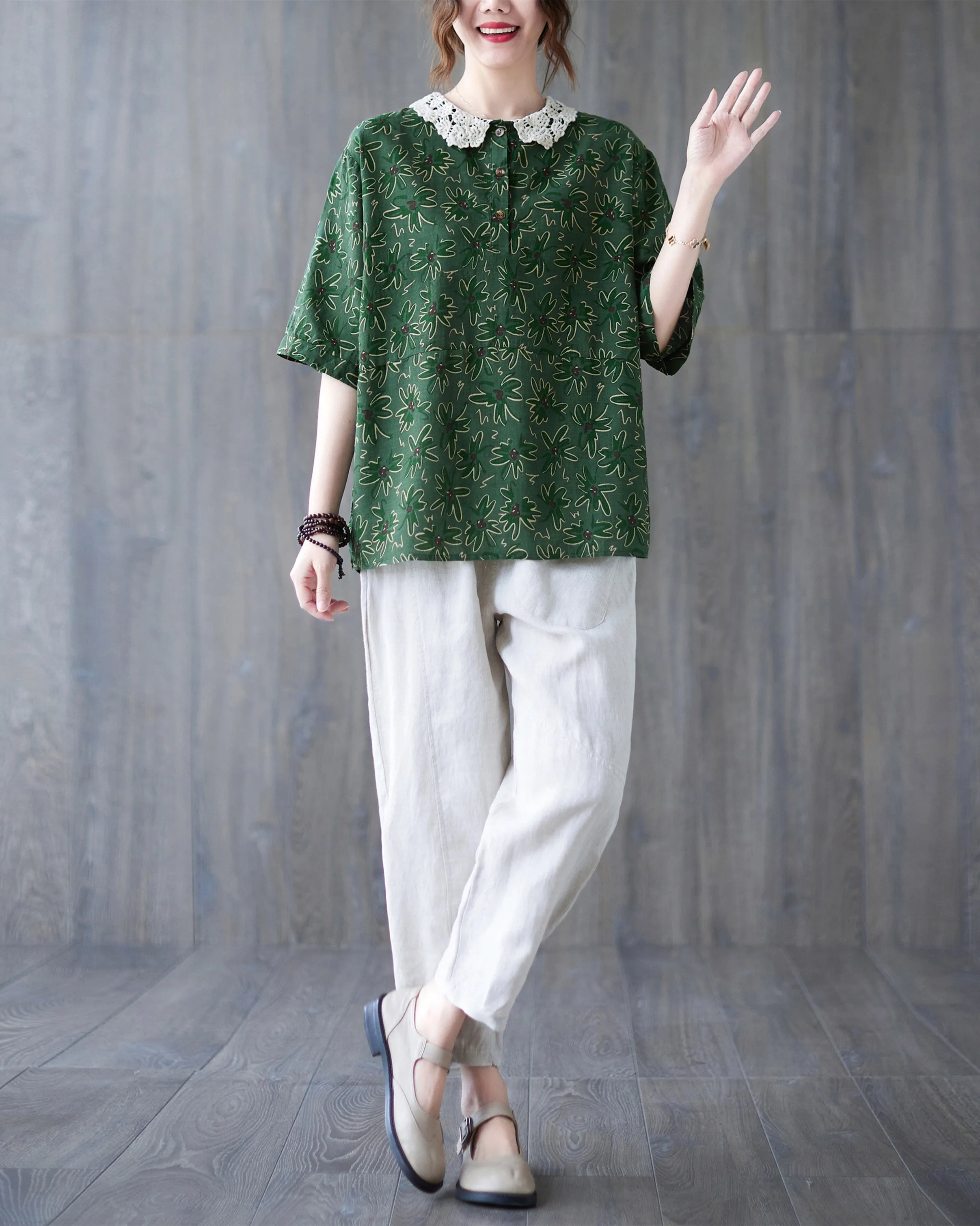 ellazhu Women Short Sleeves Tops Floral Print T-Shirt Blouse GA2564