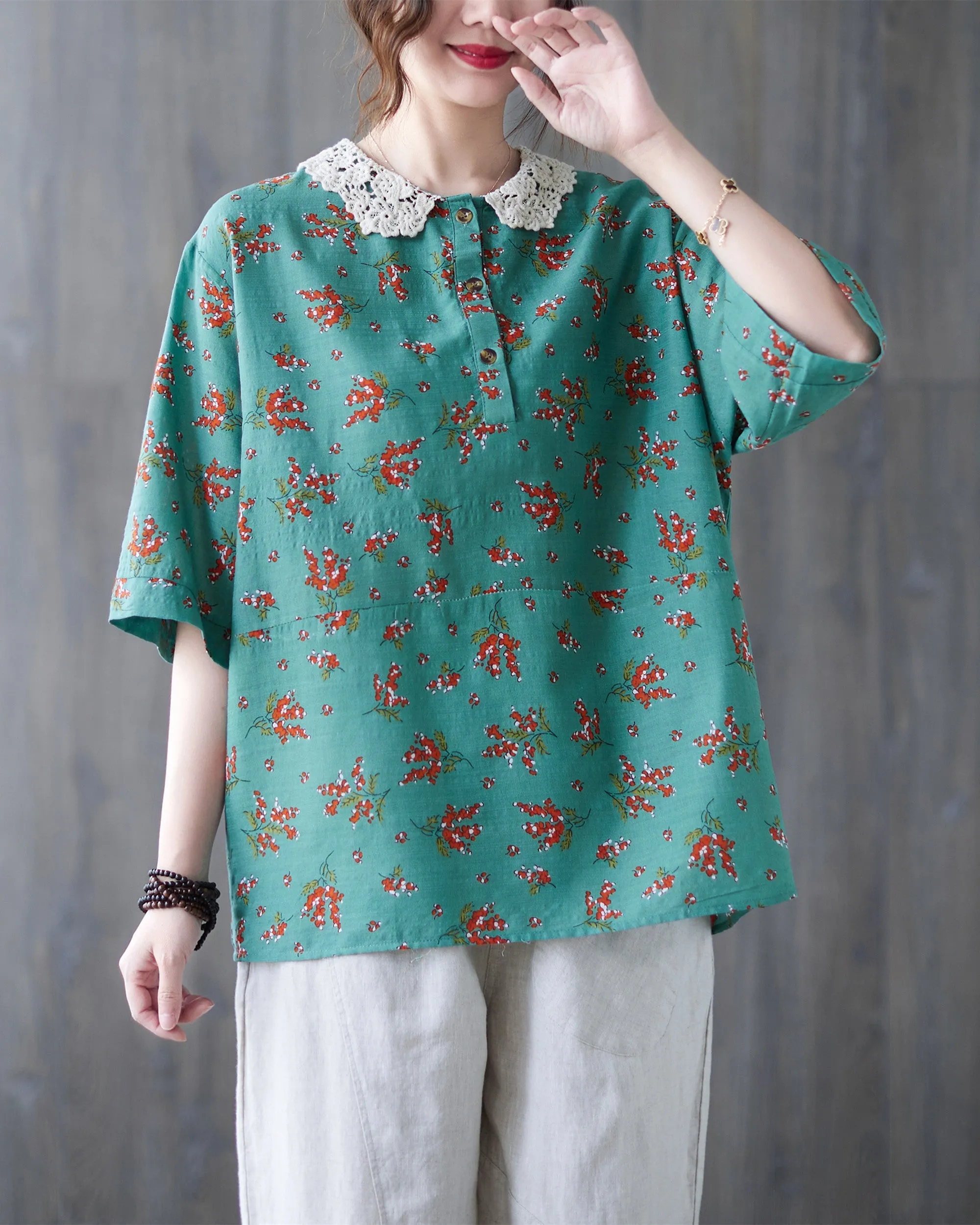 ellazhu Women Short Sleeves Tops Floral Print T-Shirt Blouse GA2564