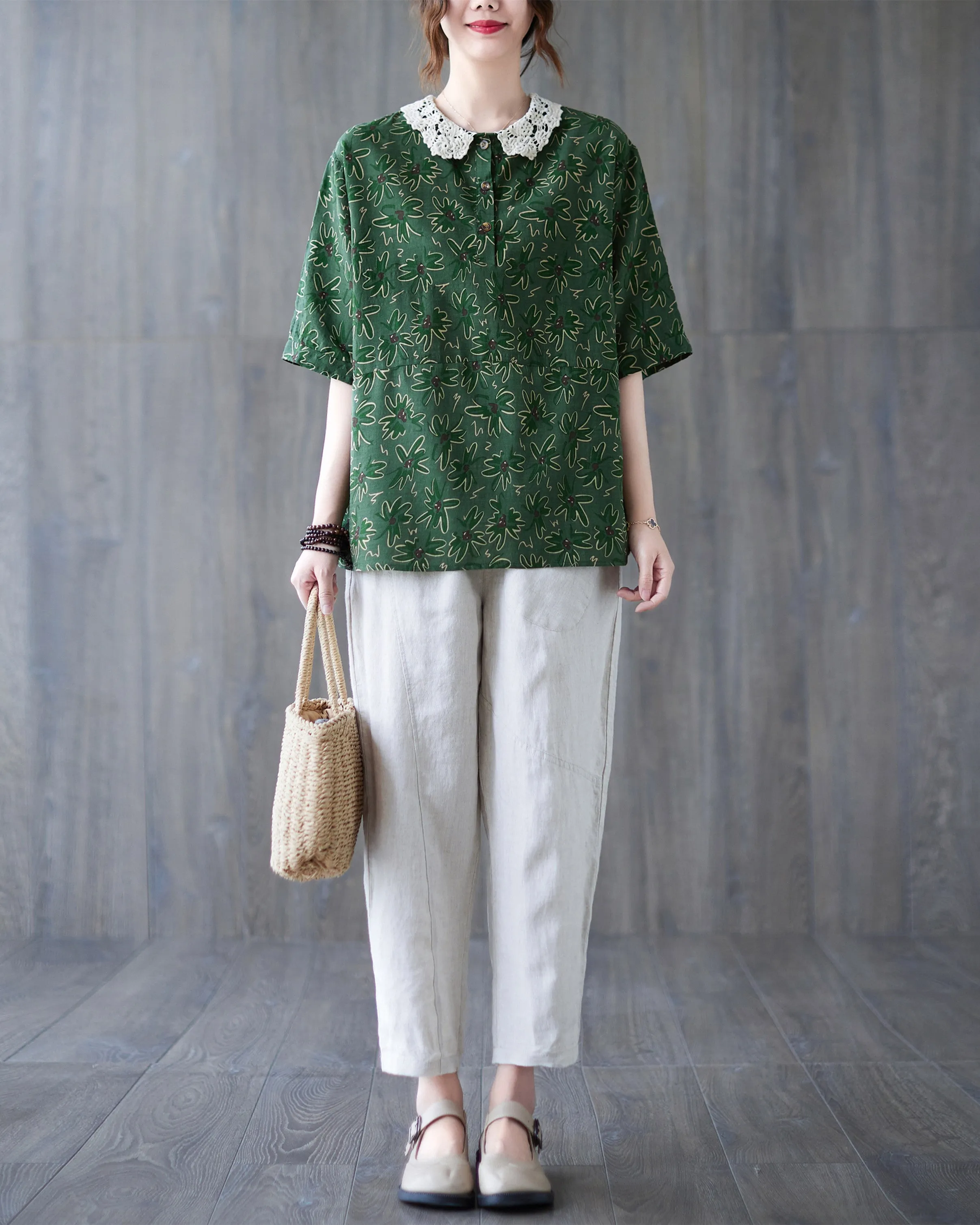 ellazhu Women Short Sleeves Tops Floral Print T-Shirt Blouse GA2564