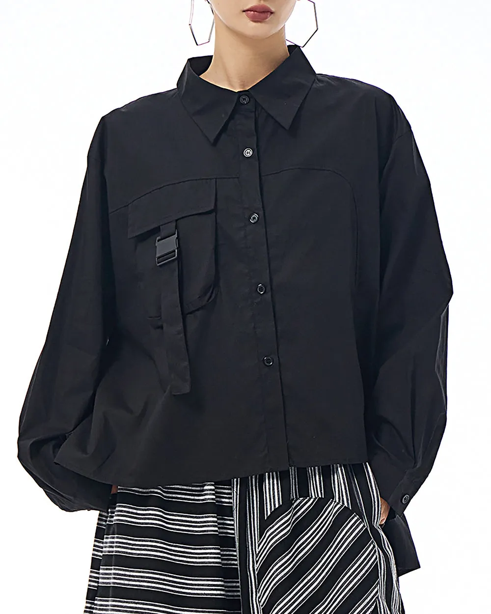 ellazhu Women's Shirt Lapel Button Down Long Sleeve Pocket Buckle Solid Color Loose Oversize GE25