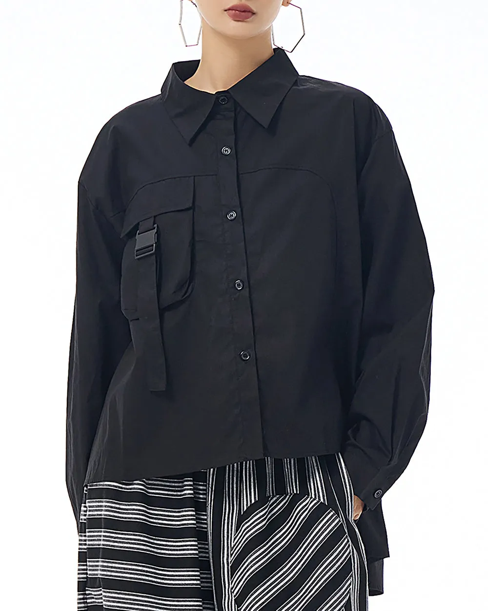 ellazhu Women's Shirt Lapel Button Down Long Sleeve Pocket Buckle Solid Color Loose Oversize GE25