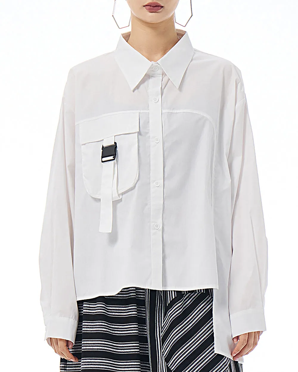 ellazhu Women's Shirt Lapel Button Down Long Sleeve Pocket Buckle Solid Color Loose Oversize GE25