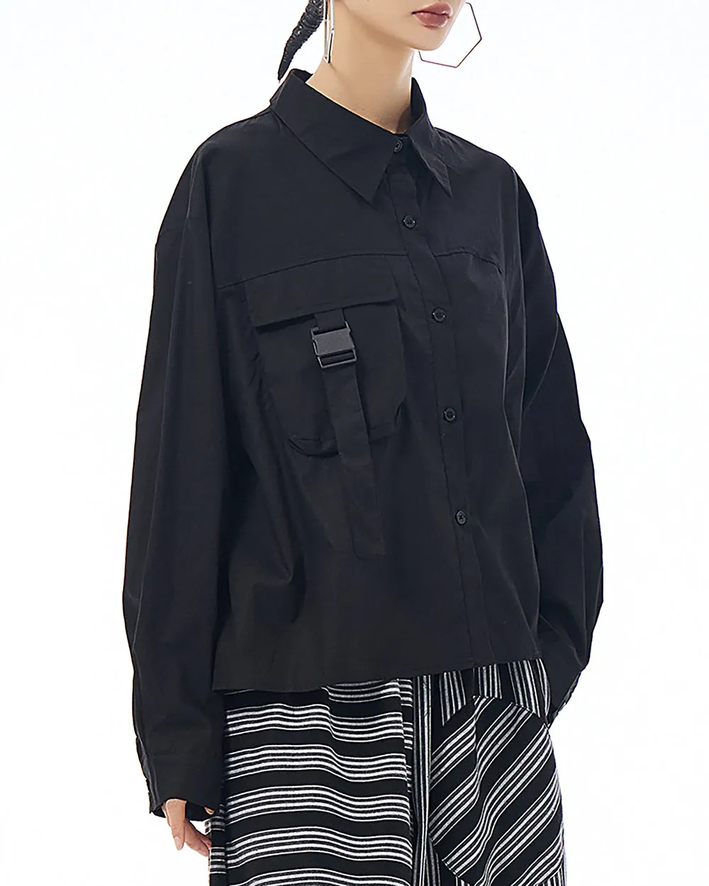 ellazhu Women's Shirt Lapel Button Down Long Sleeve Pocket Buckle Solid Color Loose Oversize GE25