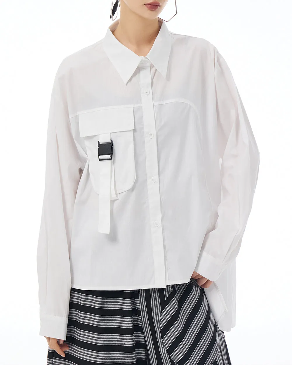 ellazhu Women's Shirt Lapel Button Down Long Sleeve Pocket Buckle Solid Color Loose Oversize GE25