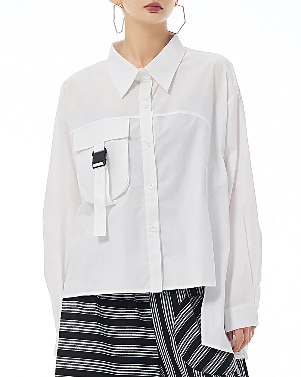ellazhu Women's Shirt Lapel Button Down Long Sleeve Pocket Buckle Solid Color Loose Oversize GE25