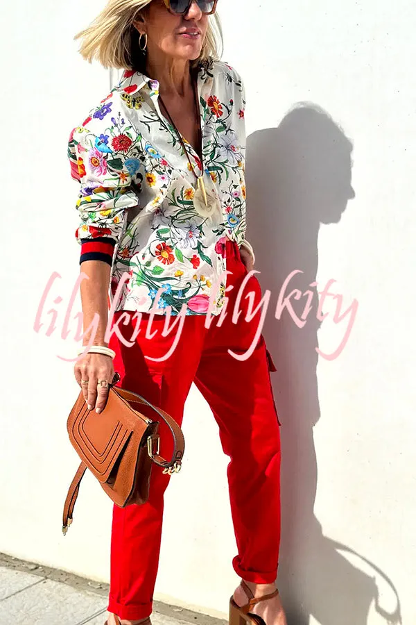 Fabulous Fiesta Satin Floral Unique Print Button Down Oversized Blouse