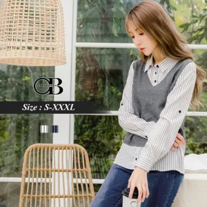 FAUX 2PIECE STRIPE BLOUSE TOPS