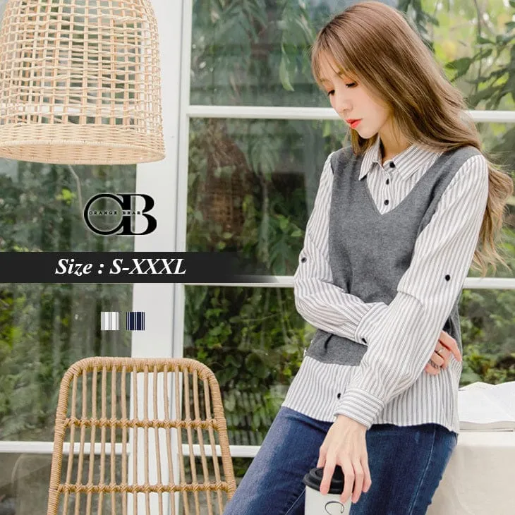 FAUX 2PIECE STRIPE BLOUSE TOPS