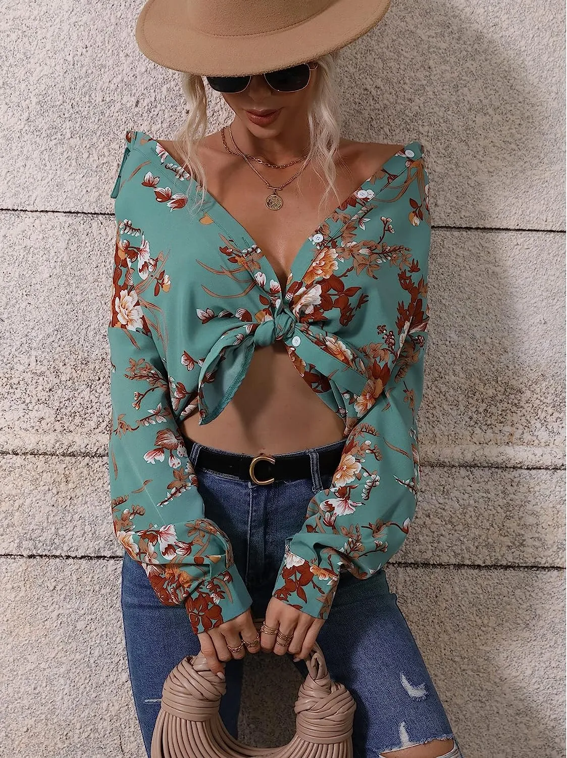 Floral Collar Chic Green Button Down Long Sleeve Top