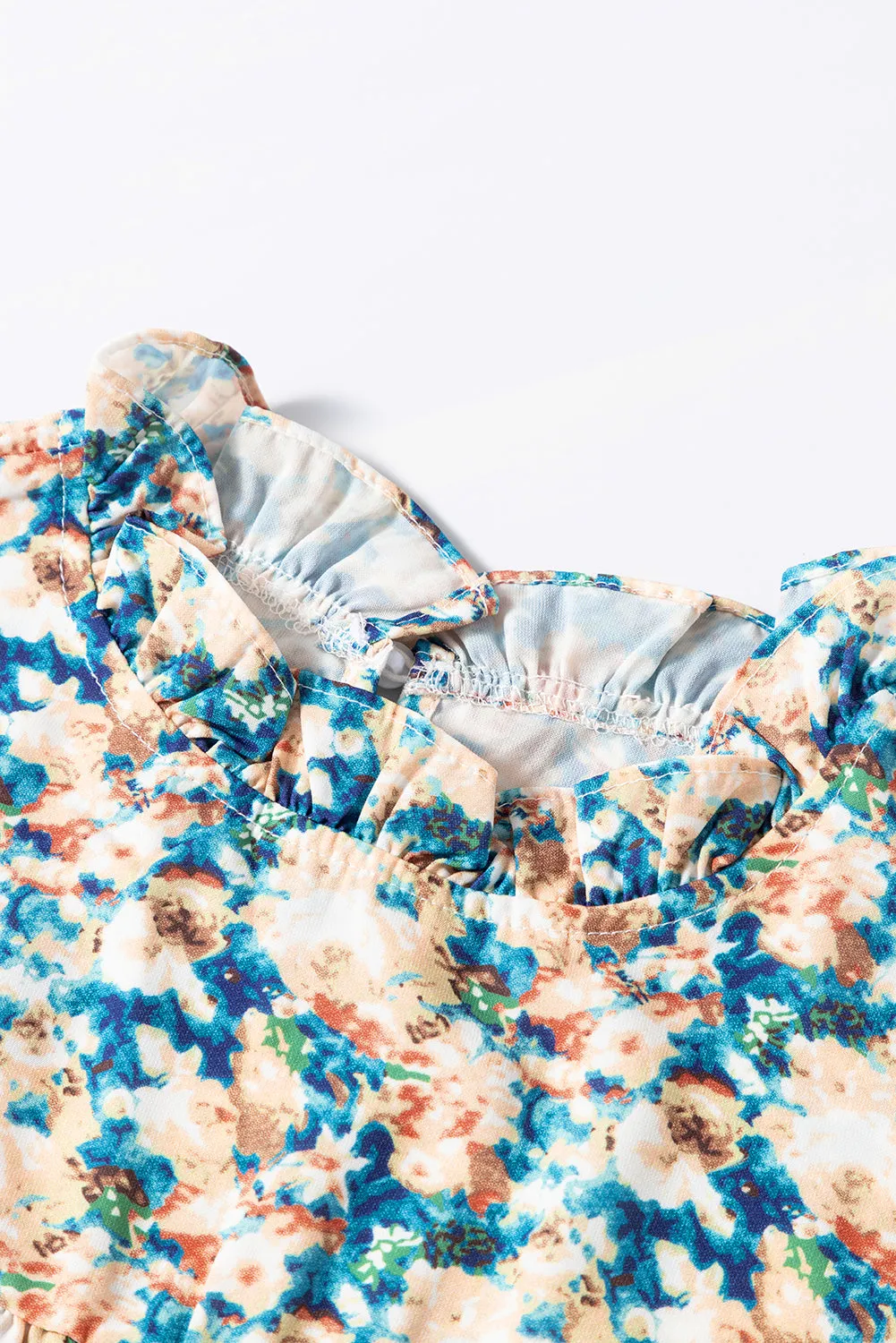 Floral Print Frilled Mock Neck Puff Sleeve Blouse