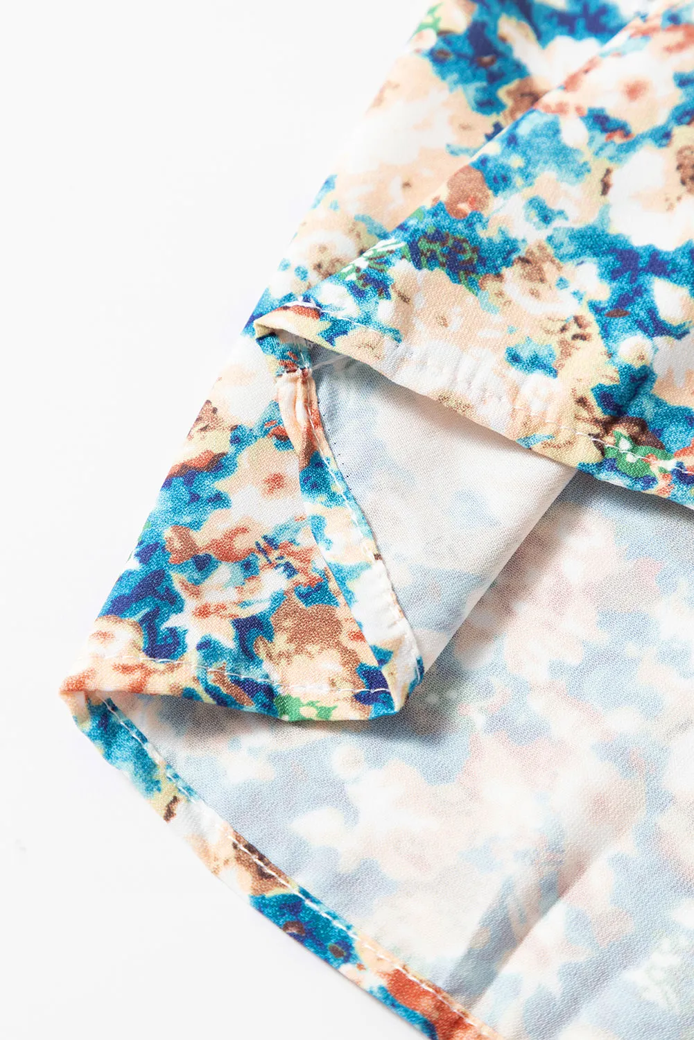 Floral Print Frilled Mock Neck Puff Sleeve Blouse