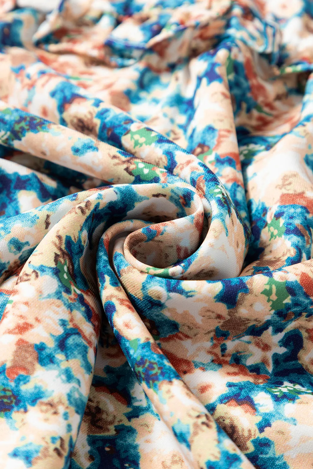 Floral Print Frilled Mock Neck Puff Sleeve Blouse